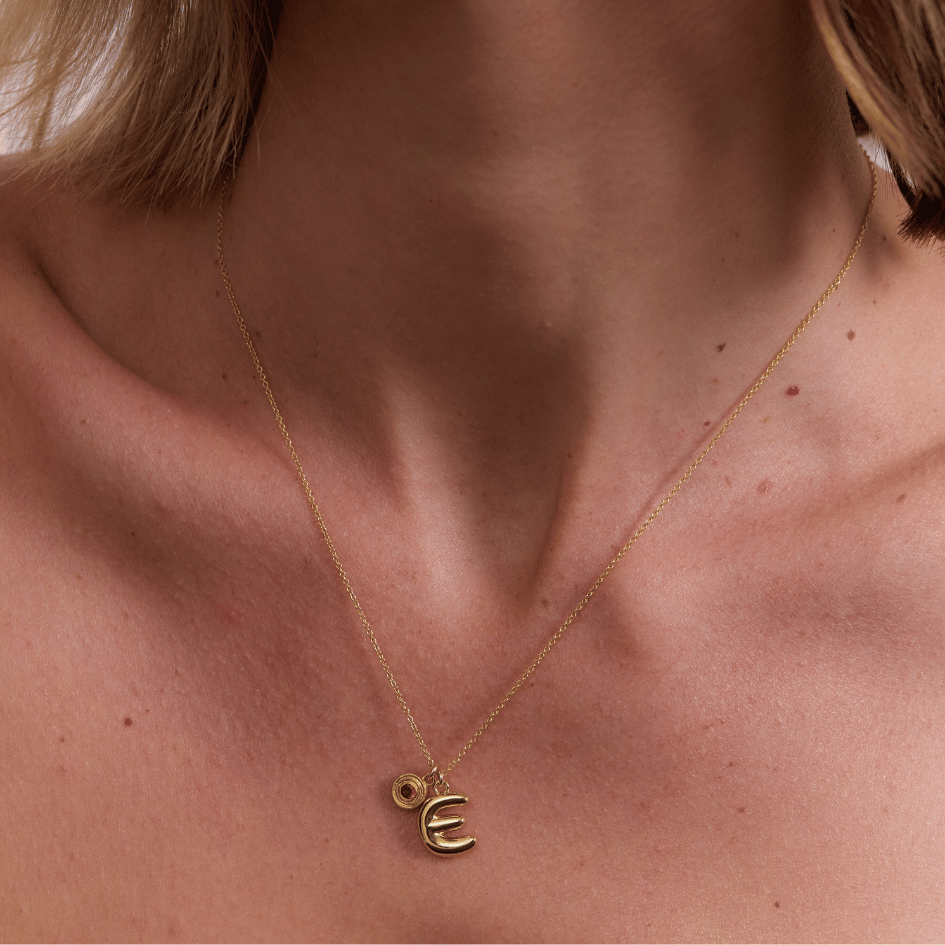 Bubble Letter Necklace with Birthstone - Gold