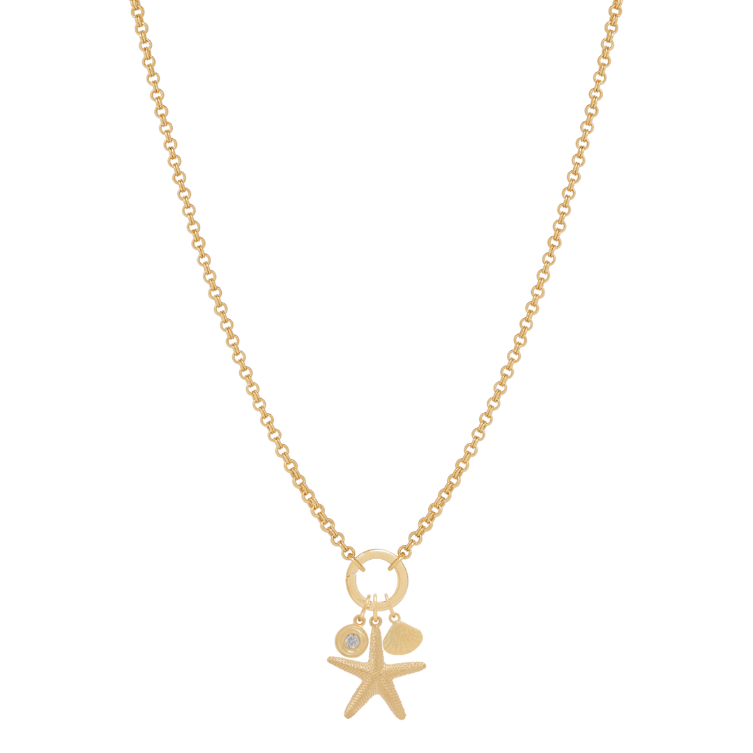 Double Link Rolo Charm Necklace with Round Clasp - Gold