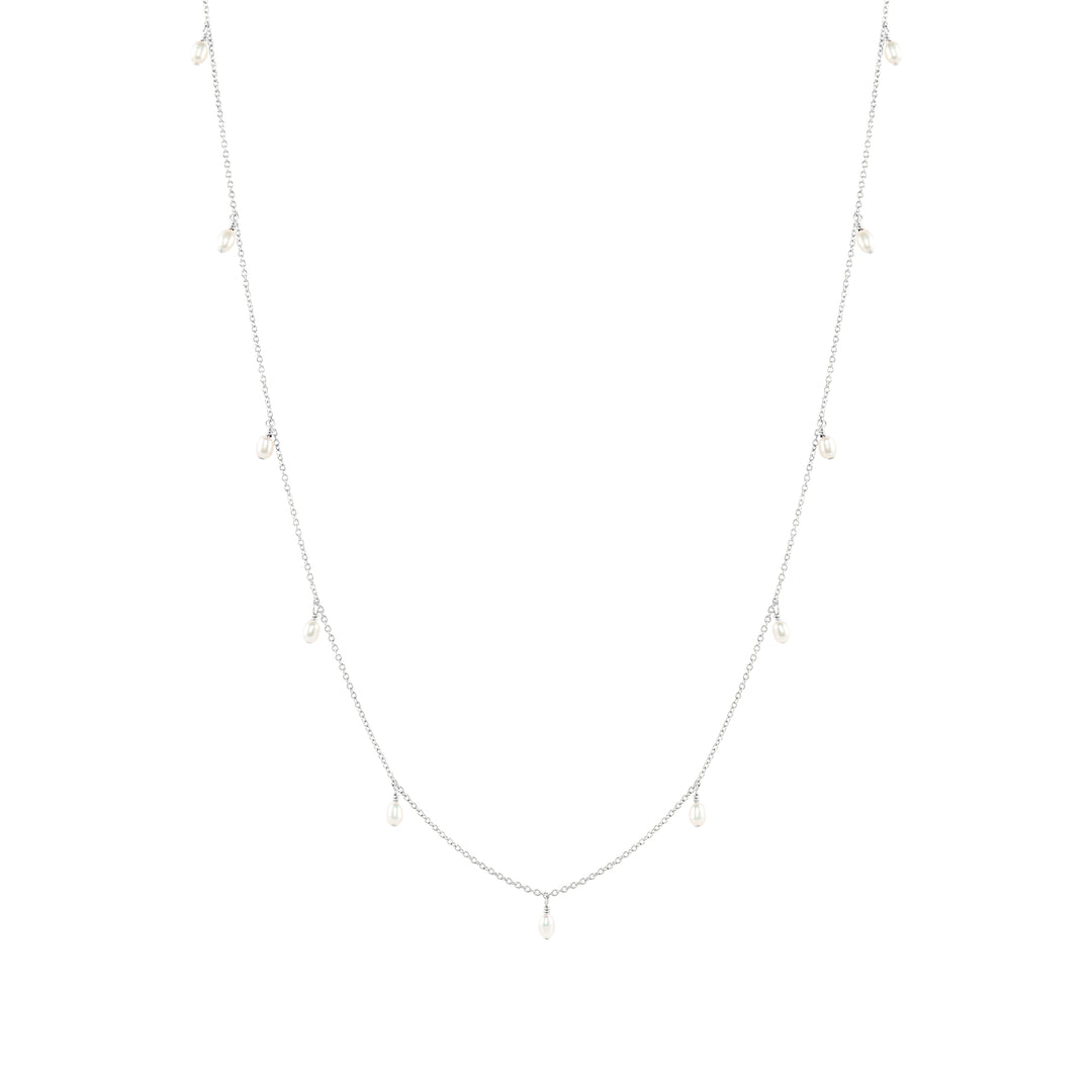 A sterling silver necklace with a fine plain chain and dangling freshwater pearls, presented against a white background.