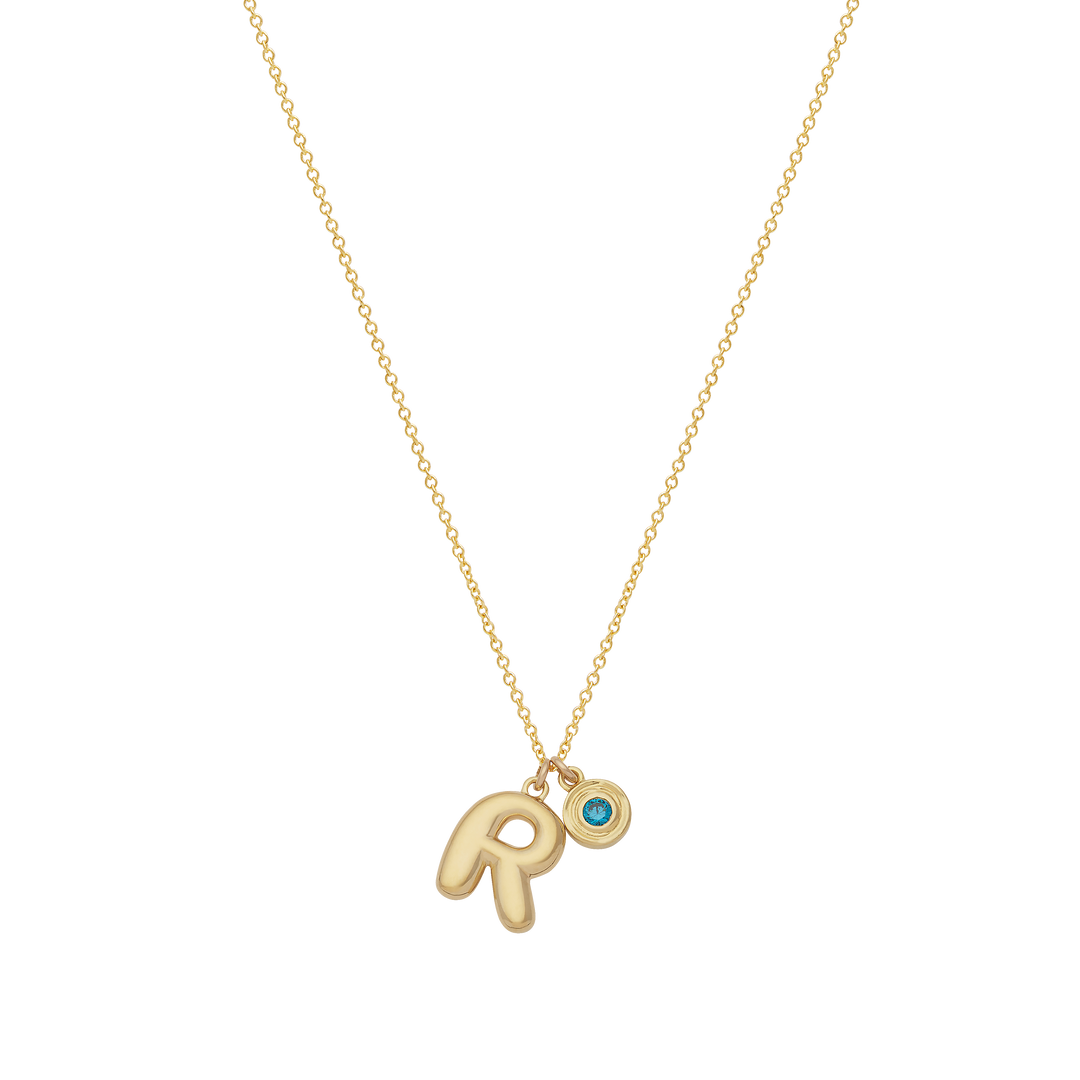 Bubble Letter Necklace with Birthstone - Gold