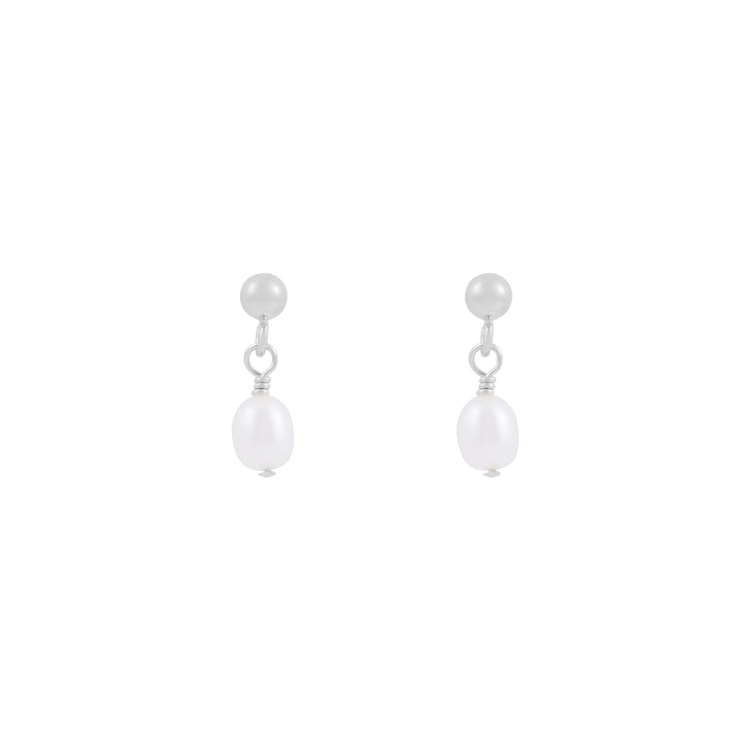 A pair of silver stud earrings with freshwater pearls dangling below the stud attachment, presented against a white background.