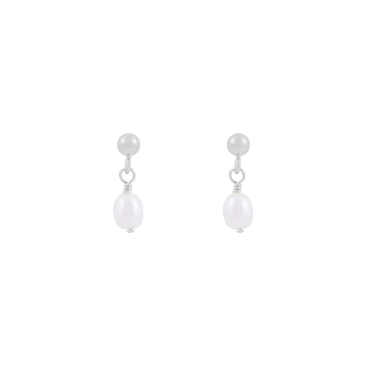 A pair of silver stud earrings with freshwater pearls dangling below the stud attachment, presented against a white background.