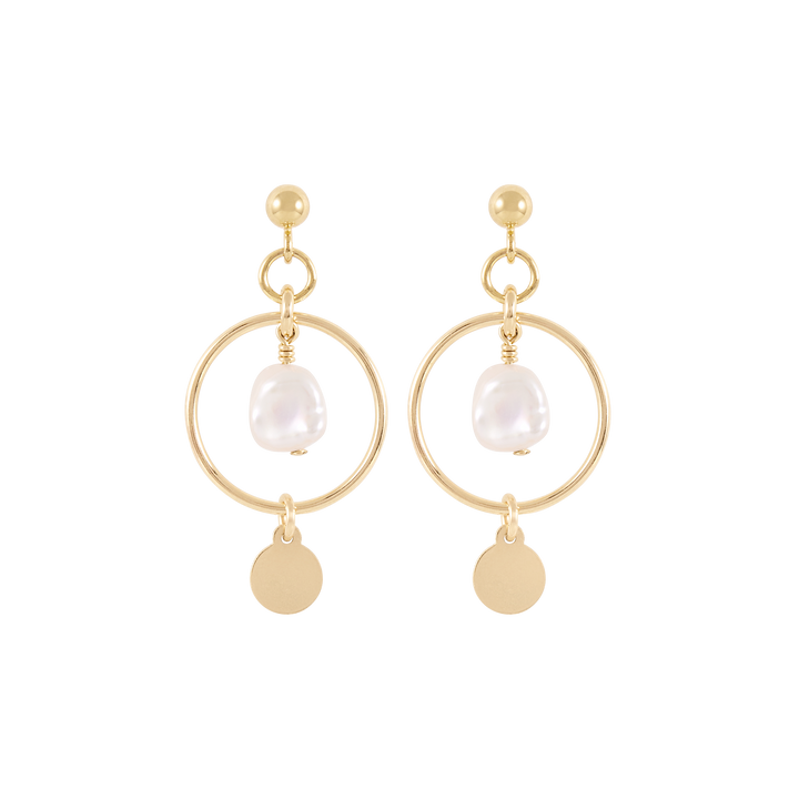 A pair of gold stud earrings featuring a freshwater pearl enclosed in a gold hoop.