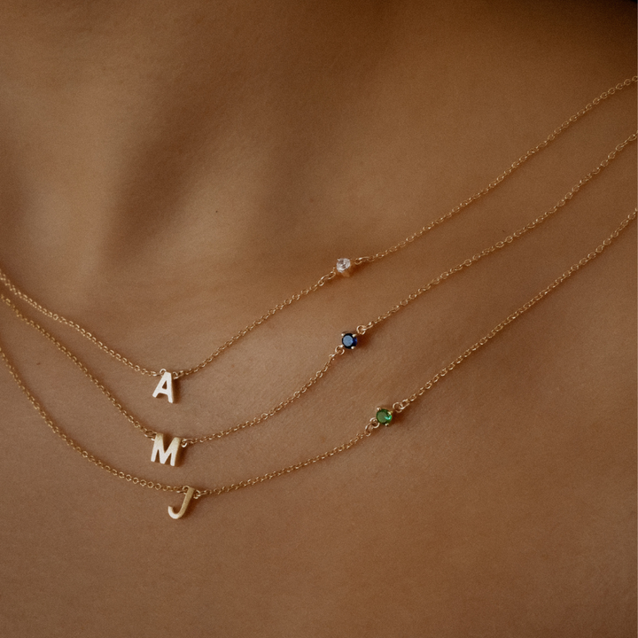 Initial Necklace with Birthstone - Gold