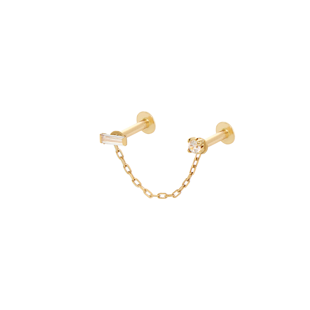 Baguette and Round Double Cartilage Earring - Solid Gold