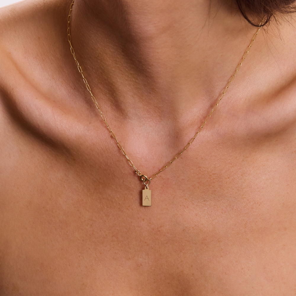 Engravable Rectangle Tag Necklace - Gold