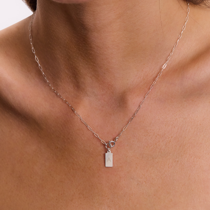 Engravable Rectangle Tag Necklace - Silver