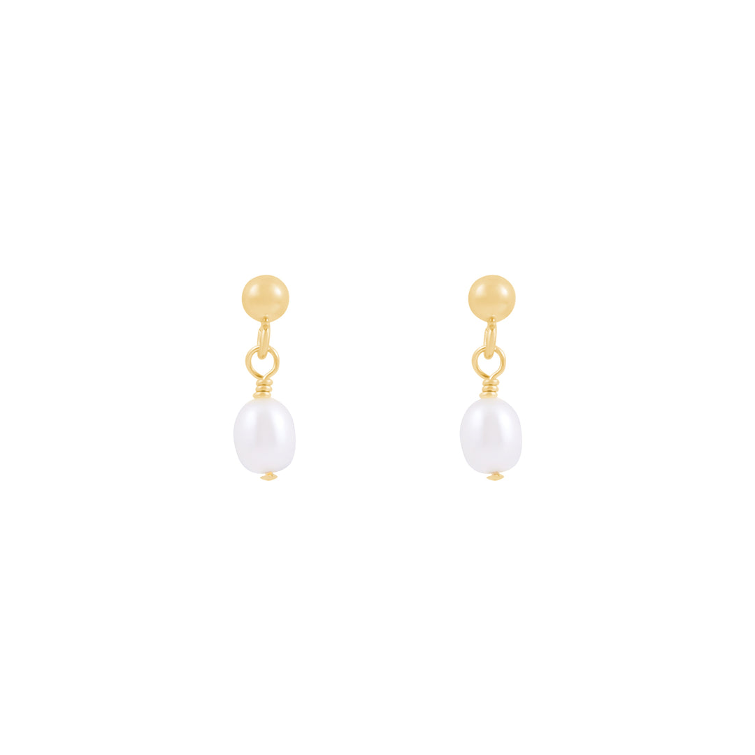 A pair of gold-filled stud earrings with fresh water pearls, presented against a white background.
