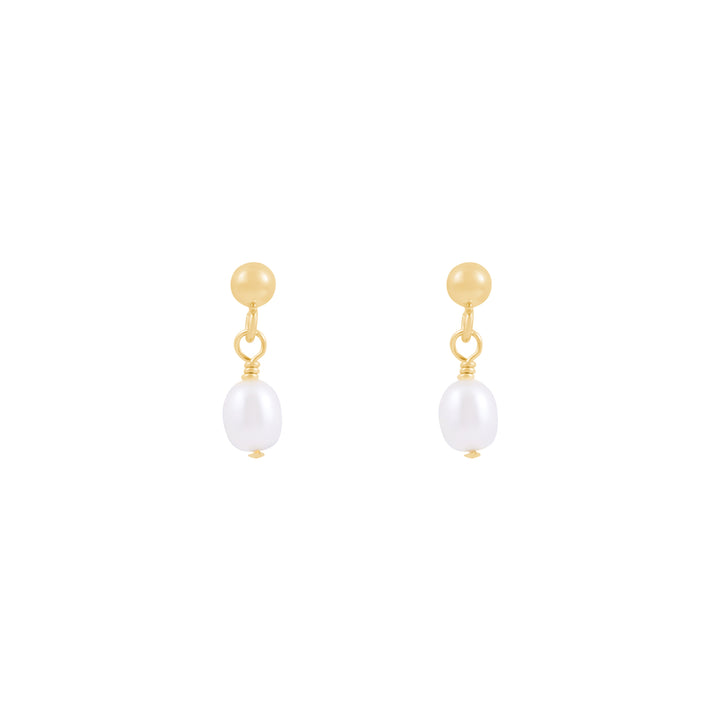 A pair of gold-filled stud earrings with fresh water pearls, presented against a white background.