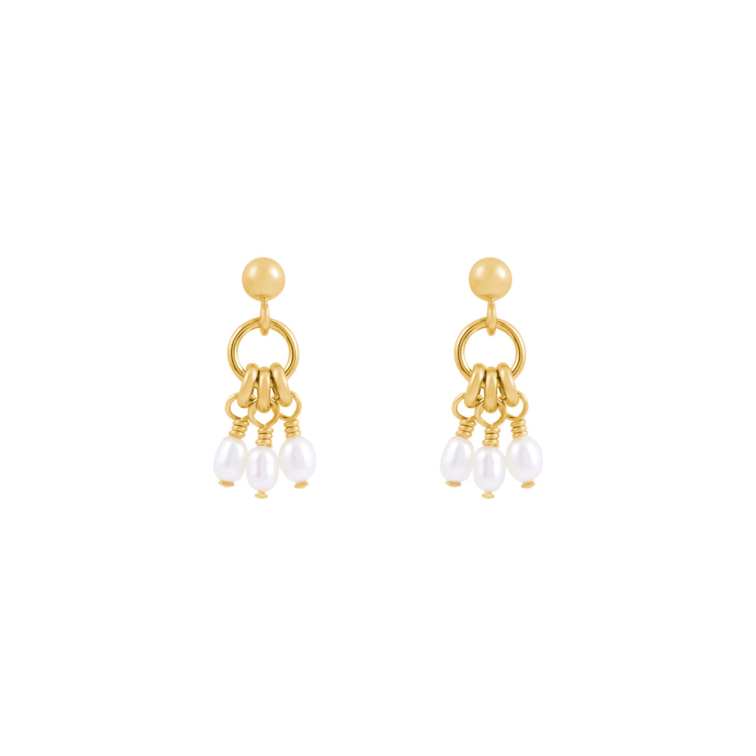 A pair of gold-filled stud drop earrings featuring a ring centrepiece with three suspended Freshwater Pearl details.