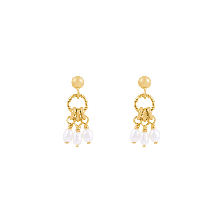 A pair of gold-filled stud drop earrings featuring a ring centrepiece with three suspended Freshwater Pearl details.