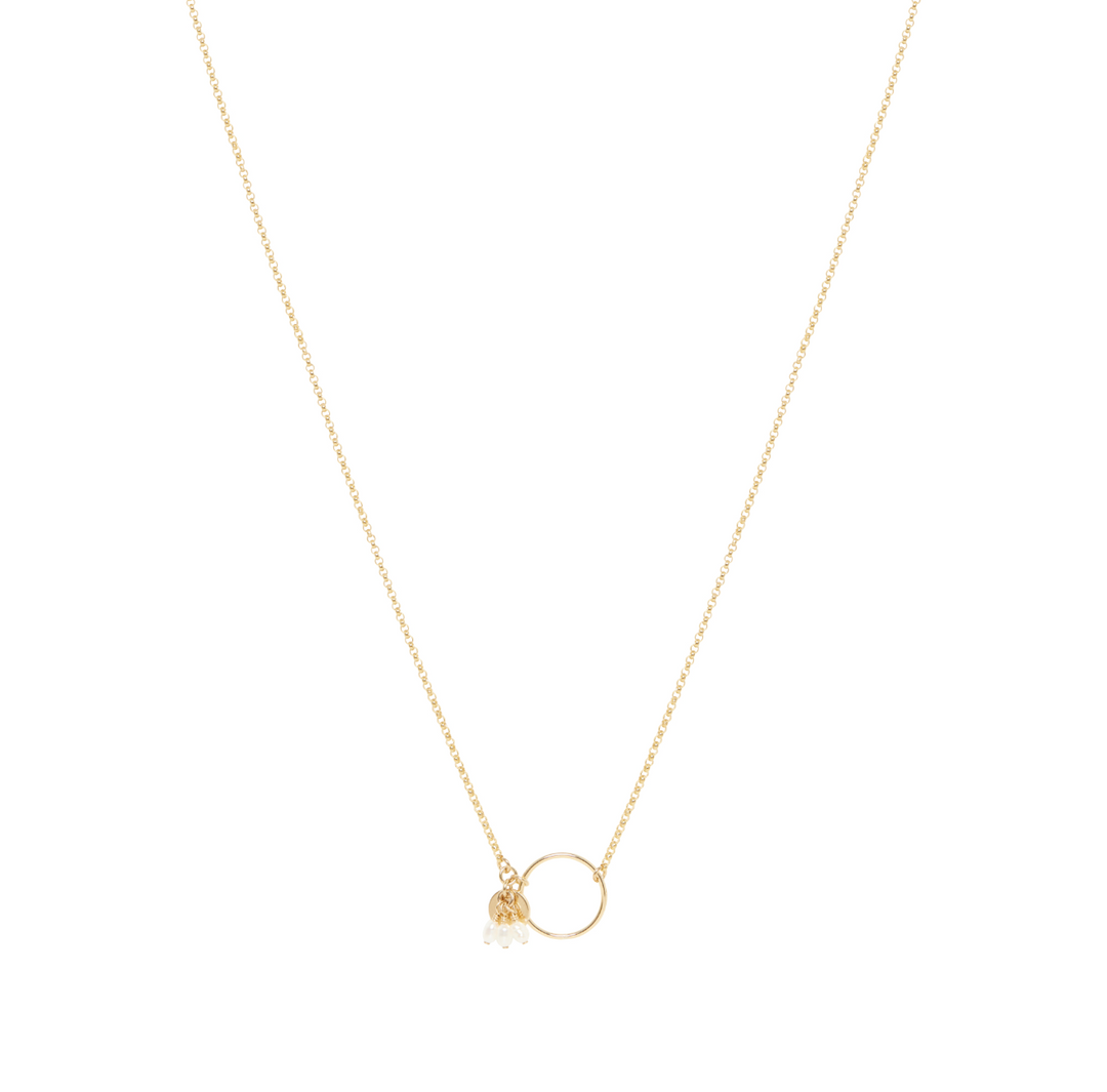A gold-filled fine rolo chain necklace with a hoop centrepiece, bead and flat disc details, and three freshwater pearl accents.