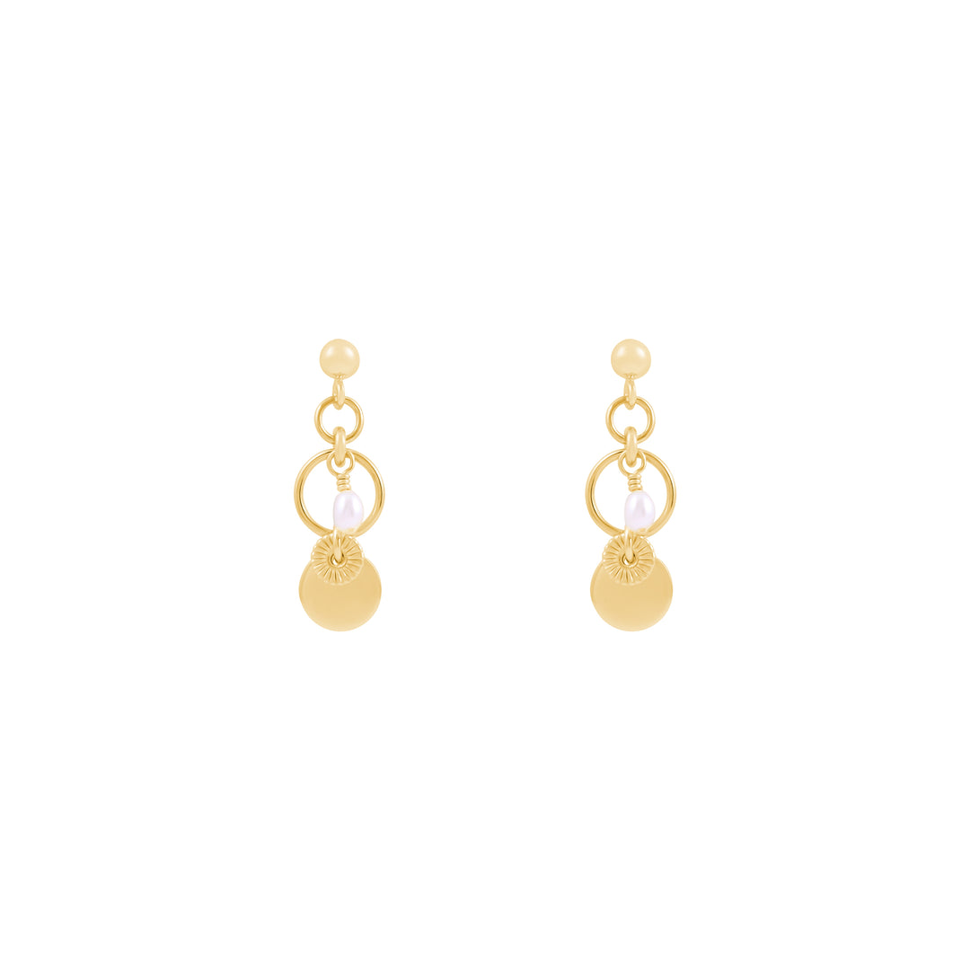 A pair of gold-filled Freshwater pearl earrings with textured disc details.