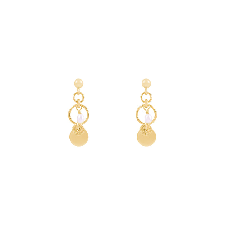 A pair of gold-filled Freshwater pearl earrings with textured disc details.