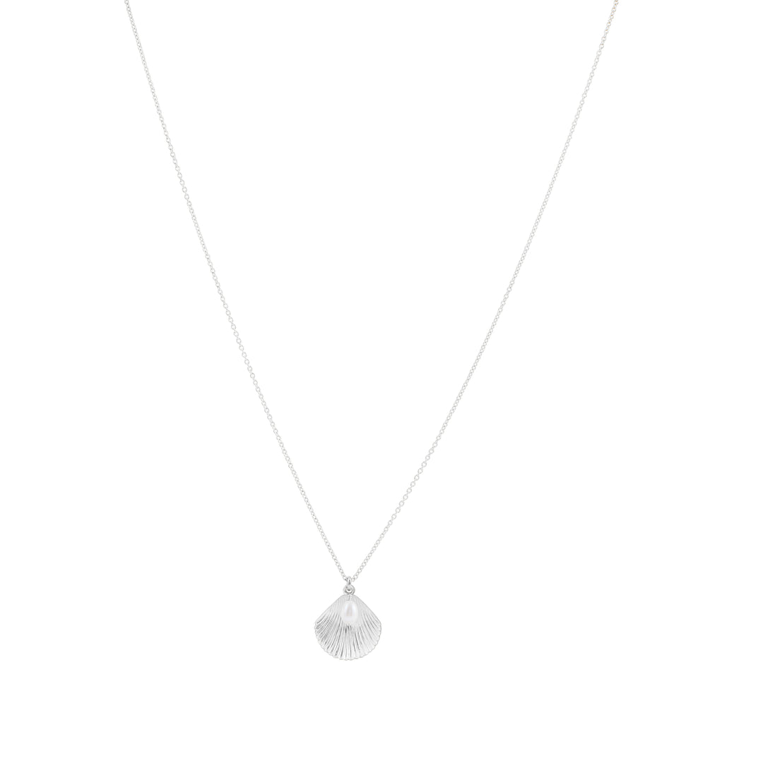 A sterling silver necklace with a shell pendant and a fresh water pearl detail, displayed on a plain background.