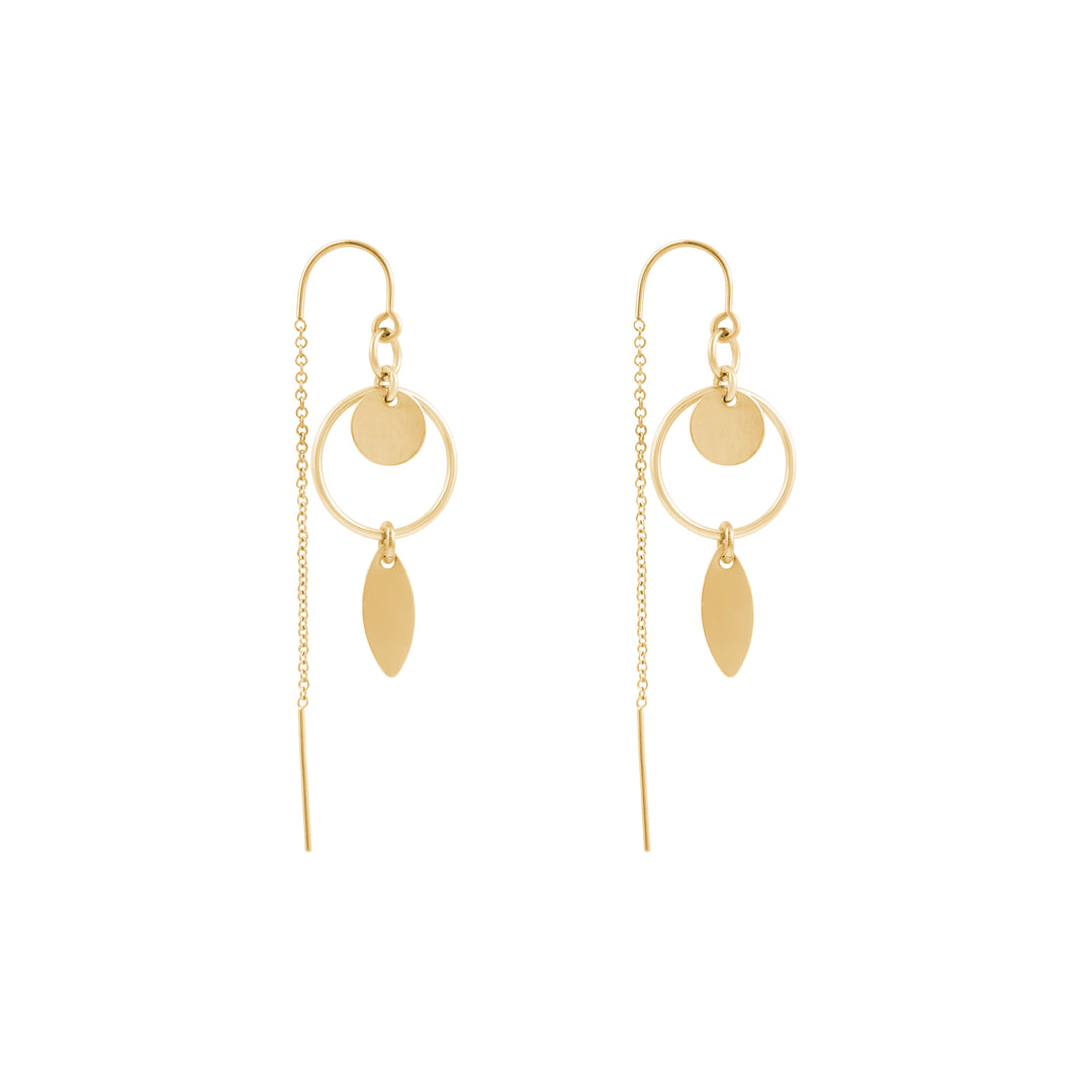 A pair of gold-filled thread hoop earrings with gold tag attachments.