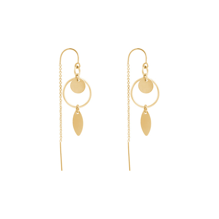 A pair of gold-filled thread hoop earrings with gold tag attachments.